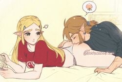 1boy 1girls ass ass_kiss ass_worship bed between_star blonde_hair book breath_of_the_wild eating_ass female green_eyes kissing kissing_ass link long_hair male nintendo panties pointy_ears princess_zelda shirt the_legend_of_zelda underwear zelda_(breath_of_the_wild)