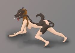 2017 absurd_res all_fours ass black_body black_nose blush breasts breath brown_hair canid colored featureless_breasts female female_penetrated goo_drip goo_penetration goo_transformation hair hi_res human looking_pleasured looking_up mammal mid_transformation nude nude_female nude_human penetration plantigrade shaded sharp_teeth side_view simple_background snout solo species_transformation stoneheron tail takeover teeth tongue tongue_out transformation unknown_year