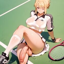 1futa ai_generated big_breasts big_penis blonde_hair cha_hae_in crop_top flaccid futa_only futanari one_eye_closed precum purple_eyes seerxiao skirt solo_leveling tennis_racket