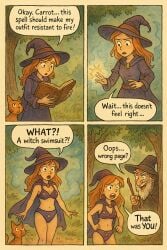 1girls ai_generated auburn_hair belly belly_button bikini bikini_bottom bikini_top book carrot_(pepper&carrot) chatgpt(ai) comic comic_page comic_strip english_text female forest forest_background magic magic_spell old_man pepper&carrot pepper_(pepper&carrot) surprise surprised surprised_expression surprised_face trees witch wizard_hat