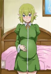 1girls ai_generated bare_legs bed bed_sheet bedroom blush dress dungeon_ni_deai_wo_motomeru_no_wa_machigatteiru_darou_ka elf elf_ears elf_female elf_girl hand_on_own_stomach happy indoors long_sleeves looking_at_viewer pregnant pregnant_female room rubbing_stomach ryuu_lion smile smiling_at_viewer solo thighs upper_body waroffree