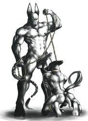 anal anubian_jackal anubis ass balls braid braided_tail canine chains cum deity dildo dominant_male domination dripping egyptian erection facial_cumshot gay jackal kneeling leash looking_at_viewer male male/male male_only maledom malesub muscles nipples penis sex_toy sheer_(artist) submissive submissive_male