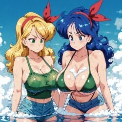 2025 ai_generated belly bikini_under_shorts blonde_female blonde_girl blonde_hair_female blue_eyebrows blue_eyes_female blue_female blue_girl blue_hair_female brown_eyebrows confused crunchyroll dragon_ball dragon_ball_z eyebrows_visible_through_hair green_bikini green_eyes_female green_shirt instagram looking_confused looking_each_other lunch_(dragon_ball) meta not_porn open_mouth open_mouth pink_cheeks red_hair_bow short_jeans toei_animation tummy unknown_artist unknown_place wet_bikini wet_body wet_clothes wet_skin