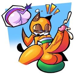anthro balls big_balls big_butt big_penis blaze_the_cat blue_eyes bodily_fluids breasts brown_body brown_fur brown_nipples butt cleavage clothed clothing crop_top cum daydream domestic_cat duo ejaculation erection felid feline felis female fur genital_fluids genitals gynomorph huge_balls huge_penis intersex mammal marine_the_raccoon nipples penis procyonid raccoon sabs sega shirt sonic_the_hedgehog_(series) squinted_eyes tail thought_bubble topwear vein veiny_penis