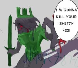1x1x1x1 1x1x1x1_(forsaken) angry_expression angry_face artist_name artist_signature black_hair bleeding_eyes blood_on_hand blush dark_skin english_text forsaken_(roblox) genderfluid green_nails green_penis green_skin grey_background hat intersex neleve787l red_eyes roblox roblox_horror_games robloxian sword text_bubble transparent_body two_tone_body