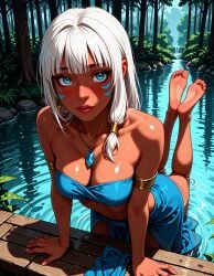 ai_generated armlet atlantis:_the_lost_empire bandeau bangs bare_shoulders barefoot blue_bikini blue_eyes blue_skirt blush breasts brown_lips cleavage clothing collarbone dark-skinned_female dark_skin disney disney_princess earrings facial_mark feet feet_up female female_only foot_focus forest hair_tubes jewelry jousneystudio kida kidagakash lake large_breasts lips long_hair looking_at_viewer medium_breasts nature navel necklace nose original outdoors partially_submerged patreon pelvic_curtain pendant pond river skirt soles solo strapless strapless_bikini swimsuit the_pose toes tree tube_top water wet whisker_markings white_hair