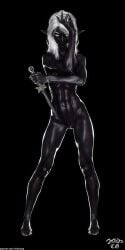 1girls 3d black_skin breasts dagger dark_skin drow female knife nipple_piercing nipples nude petite pointy_ears pussy small_breasts solo thin tritiumcg weapon white_hair