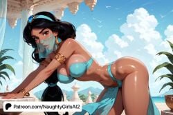 ai_generated aladdin aladdin_(1992_disney_film) animal artist_name bangle beach bird black_hair blue_bikini blue_sky bracelet breasts brown_eyes building cleavage cloud cloudy_sky coconut curvy dark-skinned_female dark_skin day disney disney_princess dove earrings female horizon jasmine jewelry large_breasts leaning_forward long_hair looking_at_viewer medium_breasts naughtygirlsai navel ocean outdoors palm_tree pelvic_curtain plant princess_jasmine seagull sky smile solo tree umbrella