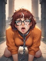 1girls ai_generated brown_hair chain_leash cum cum_on_face female female_focus female_only glasses large_breasts messy_hair orange_topwear slave_collar tongue_out topwear velma_dinkley