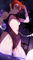 armpit_crease bare_arms bare_belly bare_legs bare_shoulders bare_thighs belly_button blue_eyes blush breasts casual_one-piece_swimsuit center_opening clothing_cutout highleg_swimsuit love_live! love_live!_superstar!! medium_breasts n_aaa01 night one-piece_swimsuit outdoors pool red_hair short_hair swimsuit thighs underboob wading water wet_body wet_hair yoneme_mei