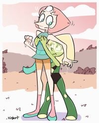2girls big_nose blightstar blush clothed cute female female_only fully_clothed gem gem_(species) gem_on_forehead green_body groping groping_from_behind hand_on_breast lesbian multiple_girls outdoors pearl_(steven_universe) peridot_(steven_universe) pointy_nose size_difference steven_universe tagme triangular_hair visor white_body yellow_hair yuri