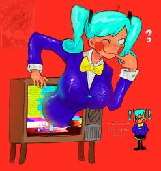 angry_face big_breasts breasts cyan_eyes cyan_hair doodle flavor_foley hatsune_miku hatsune_miku_(static) mv_character png red_background shiny_clothes stretched_clothing struggling_to_get_out stuck_in_object suggestive suggestive_pose sweating text transparent_png tv tv_screen