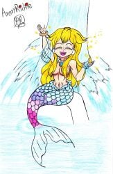1girls 2020s 2024 5_fingers angryrichie blonde_hair blue_gem closed_eyes earrings eyelashes female female_focus female_only gem hair_covering_breasts happy jpeg lipstick mario_(series) mermaid mermaid_only mermaid_peach mermay multicolored_tail musical_note necklace necklace_only nintendo open_mouth post_transformation princess princess_peach princess_peach:_showtime! pussy showering singing sitting smile solo sparkles story_at_source tail water
