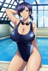 1girls ai_generated alluring bare_legs big_breasts blue_eyes blue_hair cleavage dead_or_alive dead_or_alive_xtreme_venus_vacation doasuki one-piece_bikini rei_no_pool reika_(doa) swimming_pool tecmo