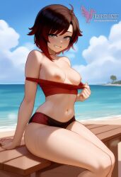 1girls 2d ai_generated ass back barefoot beach big_ass big_breasts bikini black_bikini breasts day erophoenix feet female gradient_hair light-skinned_female light_skin looking_at_viewer looking_back multicolored_hair nipple_slip nipples outdoors pale-skinned_female pale_skin patreon_username red_hair ruby_rose rwby short_hair sitting sky smile soles solo swimsuit two-tone_hair umbrella uncensored