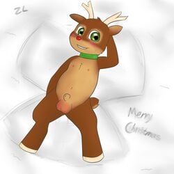 1boy 2012 anthro balls cervine chibi christmas chubby cute furry hair holidays hooves horn looking_at_viewer male male_only nipples nude penis red_nose reindeer rudolph rudolph_the_red-nosed_reindeer snow solo zekromlover