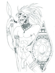 1boy armband balls flaccid humanoid lip_piercing male male_only navel_piercing necklace nipple_piercing nipples nude penis piercing polearm pubic_hair shield solo spear tattoo tribal troll tusks world_of_warcraft