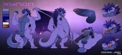 abs anthro ass black_body blue_body blue_eyes blue_hair blue_penis blue_tail closed_eyes crazydrak dragon duo erection foreskin front_view genitals hair handjob hi_res humanoid_genitalia humanoid_penis licking licking_lips licking_own_lips looking_aside lying male membrane_(anatomy) membranous_wings model_sheet muscular muscular_anthro muscular_male mythological_creature mythological_scalie mythology narrowed_eyes nude on_back pecs penile penis purple_body purple_tail purple_wings rear_view scalie sex smile solo spread_legs spreading standing tail tongue tongue_out wings xyrion