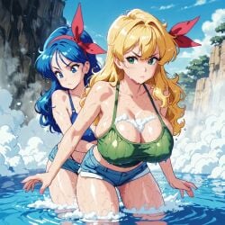 2025 ai_generated bikini_under_clothes blonde_female blonde_girl blonde_hair_female blue_eyebrows blue_eyes_female blue_female blue_girl blue_hair_female blue_shirt brown_eyebrows closed_mouth crunchyroll dragon_ball dragon_ball_z forest_background green_eyes_female green_shirt instagram looking_each_other lunch_(dragon_ball) meta mouth_closed not_porn pink_cheeks red_hair_bow short_jeans toei_animation unknown_artist waterfall wet_body wet_clothes wet_skin