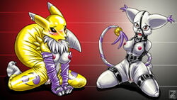 anthro arms_behind_back bandai_namco bondage breasts canine collar color digimon feline female fox frogtie furry gag gagged gatomon kneeling latex multiple_subs nipples nude open_mouth_gag pussy renamon ring_gag s0lar1x wallpaper