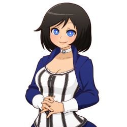 bioshock bioshock_infinite black_hair blue_eyes blue_jacket breasts choker cleavage collarbone elizabeth_comstock female interlocked_fingers jacket manyakis medium_breasts medium_hair mike_inel own_hands_together smile solo striped transparent_background upper_body