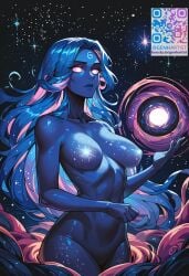 1girls ai_generated blue_hair censored_nipples dark_skin dota_2 female galaxy genderswap_(mtf) genhartist long_hair naked nipple_censor purple_eyes qr_code r63 solo space standing stars