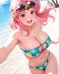2025 ai_generated beach_background belly fruit_in_bikini golden_headband green_bikini instagram looking_at_viewer meta not_porn open_mouth open_mouth orange_eyes_female pekoillust pink_cheeks pink_eyebrows pink_hair_female smile_at_viewer smiling_at_viewer sunglasses_on_head tummy unknown_character wet_bikini wet_body wet_skin white_sunglasses