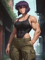 1girls abs ai_generated big_breasts big_muscles breasts budrujinit clothing female female_only ghost_in_the_shell hair_between_eyes kusanagi_motoko leotard looking_at_viewer muscular muscular_female short_hair sideboob smile solo teeth