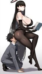 1boy ai_generated ass bare_shoulders black_bra black_gloves black_hair black_panties black_pantyhose blunt_bangs blush book bra breasts choker elbow_gloves feet female formal from_side gloves halo holding holding_book huge_breasts id_card jacket large_breasts long_hair male mur_ai_nsfw necktie no_shoes panties pantyhose red_eyes sideboob simple_background sitting sitting_on_face sitting_on_person steam straight suit thighs underwear very_long_hair white_background
