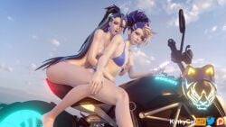 2girls 3d akali akali_jhomen_tethi bikini blue_bikini blue_eyes blue_hair breast_grab breast_grab_from_behind day earrings female female_only hand_on_another's_breast hand_on_breast holding_phone k/da_all_out_akali k/da_all_out_kai'sa k/da_all_out_series kai'sa kinkykatt3d league_of_legends light-skinned_female light_skin lipstick long_hair looking_at_viewer makeup motorcycle multicolored_hair outdoors pinup ponytail purple_bikini purple_nails red_lipstick riot_games sitting sitting_on_motorcycle summer swimsuit tagme yuri