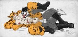 2018 abs anal anal_sex anthro anthro_on_anthro anthro_penetrated anthro_penetrating anthro_penetrating_anthro balls black_boots black_clothing black_footwear black_hair blue_eyes boots clothing crazydrak dated duo erection fangs felid footwear front_view fur genitals glistening glistening_eyes grey_body grey_fur hair hi_res humanoid_genitalia humanoid_penis lying male male/male male_penetrated male_penetrating male_penetrating_male mammal mauem mostly_nude mouth_closed muscular muscular_anthro muscular_male nipples on_side pecs penetration penile penile_penetration penis penis_in_ass red_nipples red_tongue sex shoes short_hair signature spread_legs spreading striped_arms striped_legs teeth tongue vein veiny_penis whiskers white_balls white_body white_fur white_penis yellow_body yellow_fur