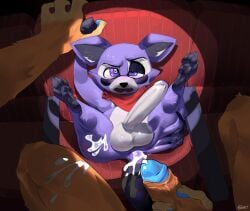 2025 anthro anus ass balls black_nose blue_glans bodily_fluids cum cum_in_ass cum_inside cum_on_butt cum_on_leg duo english_description erection fangs felid first_person_view fizzthetiger fur genital_fluids genitals glans heart_eyes heart_symbol holding_penis humanoid_genitalia humanoid_penis indigo_park interspecies lion lloydford_l._lion looking_pleasured male male/male mammal mostly_nude one_eye_half-closed open_mouth orange_body orange_fur pantherine penis procyonid purple_body purple_eyes purple_fur purple_glans raccoon rambley_raccoon red_scarf scarf scarf_only size_difference spotlight spread_butt spreading teeth