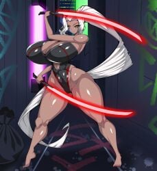 abs alley alleyway armor armored armored_female bikini bikini_armor bikini_bottom bikini_top brown_skin city city_background cityscape dark-skinned_female dark_skin energy_sword female female_focus female_only frown_eyebrows frowning_at_viewer glowing_sword gold_eyes graffiti graffiti_on_wall huge_breasts huge_butt human humanoid katana leotard muscular muscular_female olexa_vrane original original_character pink_areola pink_areolae ponytail ponytail_female questzer sci-fi science_fiction scifi suit sword swords thick_thighs thigh_boots thighhighs weapon weapons white_hair white_hair_female yellow_eyes