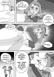 1boy 1girls blush brendan_(pokemon) comic dialogue english_text erection erection_under_clothes female greyscale hasselnut heavy_blush hi_res male may_(pokemon) monochrome nintendo pokemon pokemon_rse pussy smile speech_bubble tongue_kiss