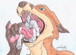 ambiguous_pred anthro anus balls canine forceswerwolf fox fur furry lagomorph macro male male/ambiguous male_prey micro nude rabbit soft_vore swallowing tongue vore