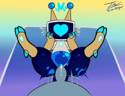 antenna_wire anthro black_body blue_eyes bodily_fluids bodily_fluids_in_pussy claws cum detailed_background duo electrical_pole electricity feet female fingers genital_fluids genitals gradient_background hand_on_face heart_symbol hi_res holographic_claws human humanoid_genitalia humanoid_penis kila_(kilaflow) kilaflow logo male male/female mammal penis prate-dragon pussy robot_anthro simple_background thick_thighs thrust_lines thrusting toes translucent translucent_body translucent_claws tv_head_robot white_body yellow_body