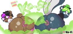 1boy 1boy1girl 1girls absurd_res accessory anthro anus ass ass_focus ass_up baconfetish'ntomato balls bear big_ass big_butt blush bodily_fluids bottomwear bottomwear_down brown_body brown_fur clothed clothing digital_media_(artwork) duo ear_piercing english_text eyewear fart fart_cloud fart_fetish farting_on_another female fur gavin_pearson genitals girly glasses hair hair_accessory hair_bun hair_ribbon hi_res huge_butt humanoid_genitalia jude_williams ko-fi looking_back male male/female mammal mephitid open_mouth pants pants_down partially_clothed piercing pink_eyes pubes purple_hair pussy raised_tail ribbons simple_background skunk slightly_chubby sweat sweatdrop tail text thick_thighs topwear tuft wide_hips