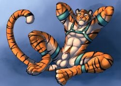 absurd_res anthro athletic athletic_anthro athletic_male balls blue_harness body_hair brown_pubes ear_piercing felid front_view fur gauged_ear genitals glistening glistening_eyes green_eyes hands_behind_head happy_trail harness hi_res hufnaar kato_(light_sanrei) looking_at_viewer male male_anthro mammal markings mouth_closed o-ring orange_body orange_fur pantherine penis penis_tip piercing pink_nose pubes red_penis solo striped_arms striped_legs striped_markings striped_tail stripes tail tail_markings tiger whiskers white_balls white_body white_fur