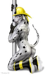 2002 anthro ass back canine dalmatian dog fur furry kneeling male male_only muscles no_humans nude pole pose solo wooky year