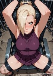 ai_generated angry armpits arms_behind_back arms_behind_head arms_up bangs bare_shoulders belt blonde_hair blush bondage bondage boruto:_naruto_next_generations bound bound_wrists breasts chains chair closed_mouth clothing cuffs dress female female female_only fishnet_thighhighs fishnets footwear glaring green_eyes hair_over_one_eye indoors ino_yamanaka ino_yamanaka jewelry jousneystudio kunoichi large_breasts legwear long_hair looking_at_viewer looking_up naruto naruto_(series) naruto_shippuden one_eye_covered ponytail purple_dress restrained restraints scowl shackles sitting skirt sleeveless sleeveless_dress solo spread_legs sweat thighhighs thighs trembling