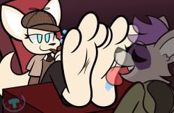 aggressive_retsuko aggretsuko bubble_pipe daryl_(cringebird) detective_hat detective_outfit female fennec fenneko foot_fetish foot_focus hoodie licking licking_feet mintytempest nonbinary raccoon sanrio tagme