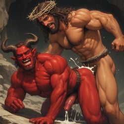 ai_generated beard big_penis blasphemy christianity cum_on_body demon devil devil_horns excessive_cum gothkelt hairy_armpits hairy_chest hairy_male horns jesus_christ male male_only muscular_male penis red_skin satan satan_(christianity)