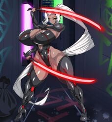 abs alley alleyway armor armored armored_boots armored_female armored_gloves bikini bikini_armor bikini_bottom bikini_top black_skin brown_skin city city_background cityscape dark-skinned_female dark_skin energy_sword female female_focus female_only frown_eyebrows frowning_at_viewer glowing_sword gold_eyes graffiti graffiti_on_wall high_heel_boots high_heels huge_breasts huge_butt human humanoid katana leotard muscular muscular_female olexa_vrane original original_character pink_areola pink_areolae ponytail ponytail_female questzer sci-fi science_fiction scifi suit sword swords thick_thighs thigh_boots thighhighs weapon weapons white_hair white_hair_female yellow_eyes