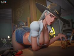 1girls 3d 3d_(artwork) albino alcohol alternate_costume areola_slip areolae areolae_slip arm_tattoo ashe_(overwatch) ass bent_over big_breasts breasts cleavage cowboy_hat cutoffs denim_shorts downblouse eyeshadow female hasfeldt hat knife large_breasts light-skinned_female light_skin long_hair looking_at_viewer makeup mole mole_above_mouth nipple_slip nipples no_bra overwatch overwatch_2 painted_nails red_eyes red_nails short_shorts shotgun shotgun_shell shotgun_shells solo solo_female tattoo unbuttoned unbuttoned_shirt whiskey white_hair