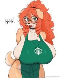 1girls absurd_res anthro anthrofied apron apron_only barista big_breasts blush breasts breasts_bigger_than_head brown_body brown_fur brown_skin busty canid canine canis choker dialogue digital_media_(artwork) domestic_dog english_text eyebrows eyebrows_visible_through_hair eyelashes female female_focus female_only freckles fur furry glasses green_eyes heart_symbol hi_res huge_breasts kuru_(kuru_tyan) kuru_tyan looking_at_viewer mammal motion_lines orange_hair slightly_chubby solo starbucks text thick_thighs twitter_link voluptuous voluptuous_female wide_hips