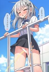 ass_visible_through_thighs black_ribbon black_skirt blue_bow blue_bowtie blue_sky blush bow bowtie breasts censored closed_eyes cloud commentary_request day female grey_hair groin hair_ribbon hekomii highres light_censor long_hair medium_breasts miniskirt on_rooftop open_mouth original outdoors paid_reward_available panties panty_pull peeing plaid_bow plaid_bowtie plaid_clothes pleated_skirt red_eyes ribbon school_uniform shirt short_sleeves skirt sky solo speech_bubble standing thought_bubble translation_request underwear urine white_panties white_shirt