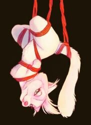 anthro bad_cat belly_fluff bent_legs bondage bondage bound brown_background cheek_tuft domestic_cat facial_tuft felid feline felis female fluffy fluffy_chest fluffy_tail hands_behind_back head_tuft heterochromia hi_res inner_ear_fluff inverted_suspension kotu_kedi_serafettin lanolin04 lips looking_at_viewer mammal misket narrowed_eyes red_rope restraints rope rope_bondage rope_harness simple_background smile solo suspension tail tail_tied thick_bottom_lip tuft turkish_angora upside-down
