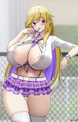 against_fence areola_slip bead_bracelet beads belted_skirt between_breasts blonde_hair blurry blurry_background blush bracelet breasts candy chain-link_fence cleavage collarbone collared_shirt colored_inner_hair commission emotionless emotionless_female female fence food gyaru highleg highleg_panties highres holding holding_candy holding_food holding_lollipop huge_breasts indifference indifferent jewelry keenh leaning lollipop long_hair looking_at_viewer mole mole_under_mouth multicolored_hair navel necktie necktie_between_breasts open_clothes open_mouth open_shirt original panties partially_visible_vulva pointy_ears purple_eyes purple_hair purple_necktie purple_panties purple_skirt school_uniform shirt sidelocks signature skirt solo tied_shirt two-tone_hair unbothered uncaring underwear voluptuous voluptuous_female white_background