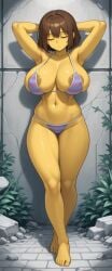 ai_generated armpits arms_behind_head bikini breasts brown_hair closed_eyes closed_mouth curvy expressionless feet female female_frisk frisk full_body huge_breasts striped_bikini undertale visible_areolae yellow_skin yodayo