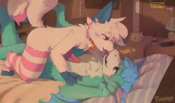 2025 4_fingers 4_toes anthro bed bedroom bedroom_sex blue_body blue_fur bodily_fluids claws clothing detailed detailed_background dragon dripping duo feet felid feline femboy fingers french_kissing frottage fur furniture genital_fluids genitals green_body green_eyes green_fur kissing leaking_precum legwear lying male male/male mammal mythological_creature mythological_scalie mythology on_back on_bed on_bottom on_top open_mouth pattern_clothing pattern_legwear penile penis penis_rubbing pink_body pink_fur pink_genitals pink_tongue precum precum_drip precum_on_penis precum_string puuverart saliva saliva_on_tongue saliva_string scalie sex signature toes tongue white_body white_fur yellow_eyes